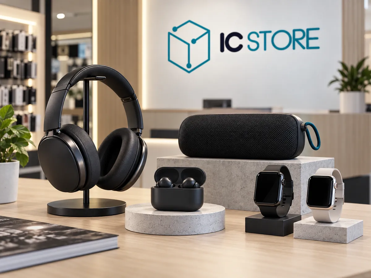 Fones de ouvido, caixa de som portátil e smartwatches sobre o balcão da IC Store