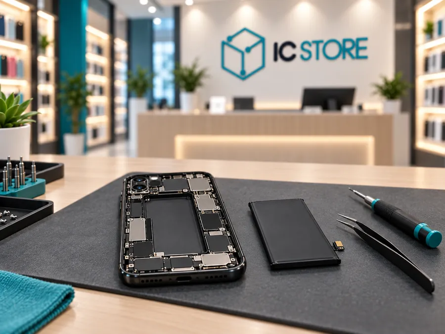 Smartphone aberto na bancada da IC Store com a bateria nova ao lado, pinça e chave de precisão