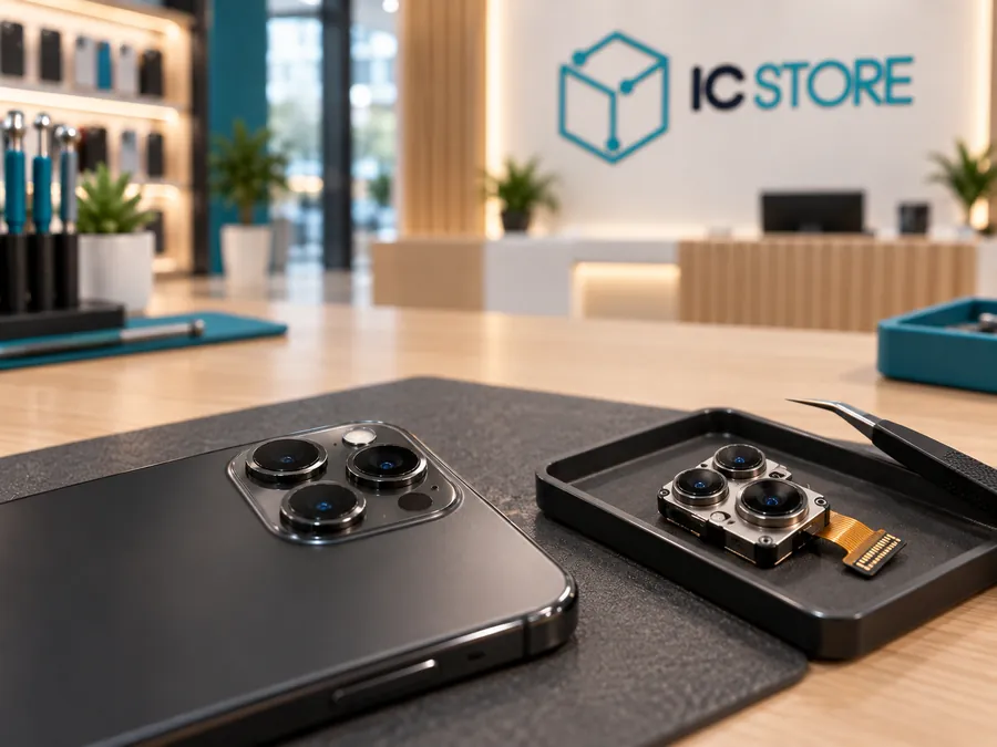 Módulo de câmeras de um smartphone em destaque na bancada da IC Store, ao lado de um módulo sobressalente na bandeja