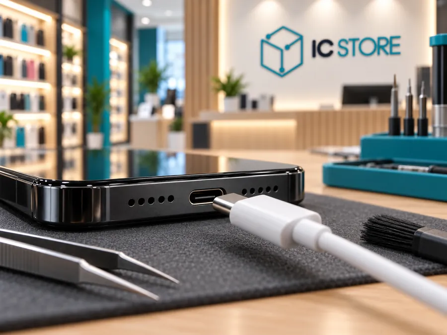 Close da entrada de carga de um smartphone na bancada da IC Store, com um cabo USB-C sendo encaixado