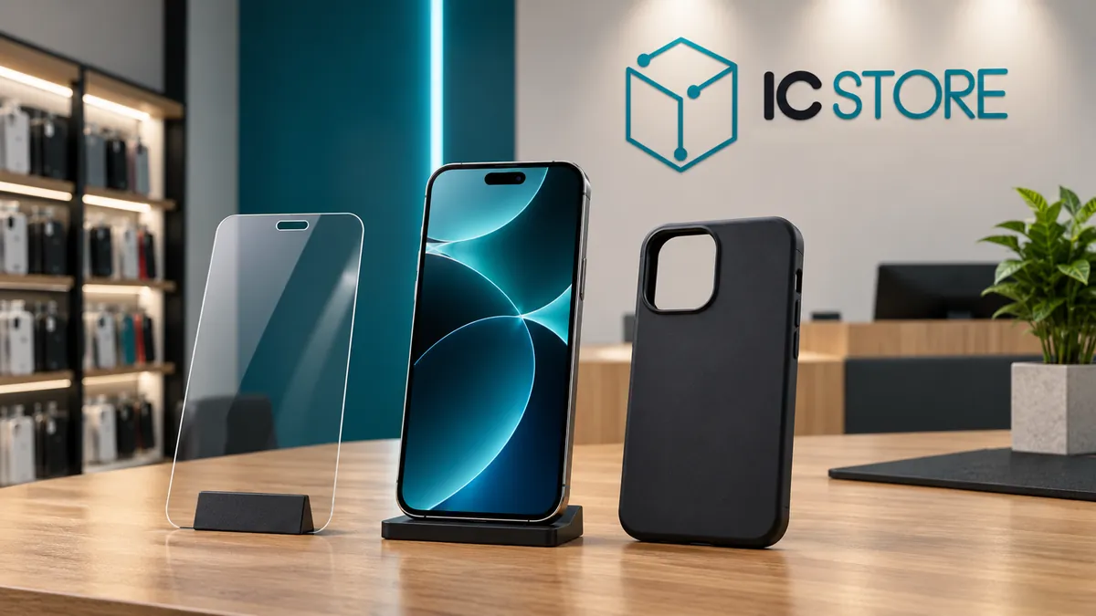 Película de vidro, smartphone e capa preta expostos no balcão da IC Store