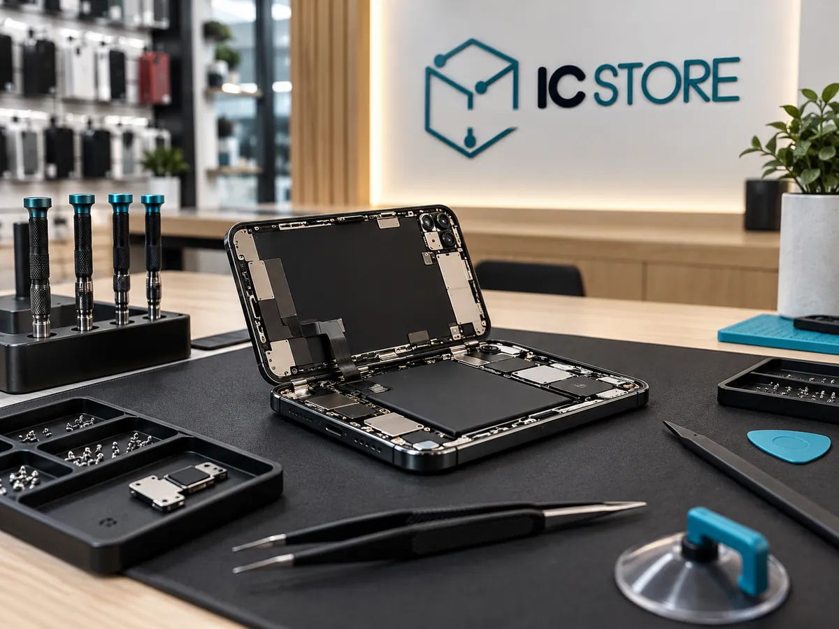 Placa de smartphone sobre a bancada da IC Store, cercada de pinças e ferramentas